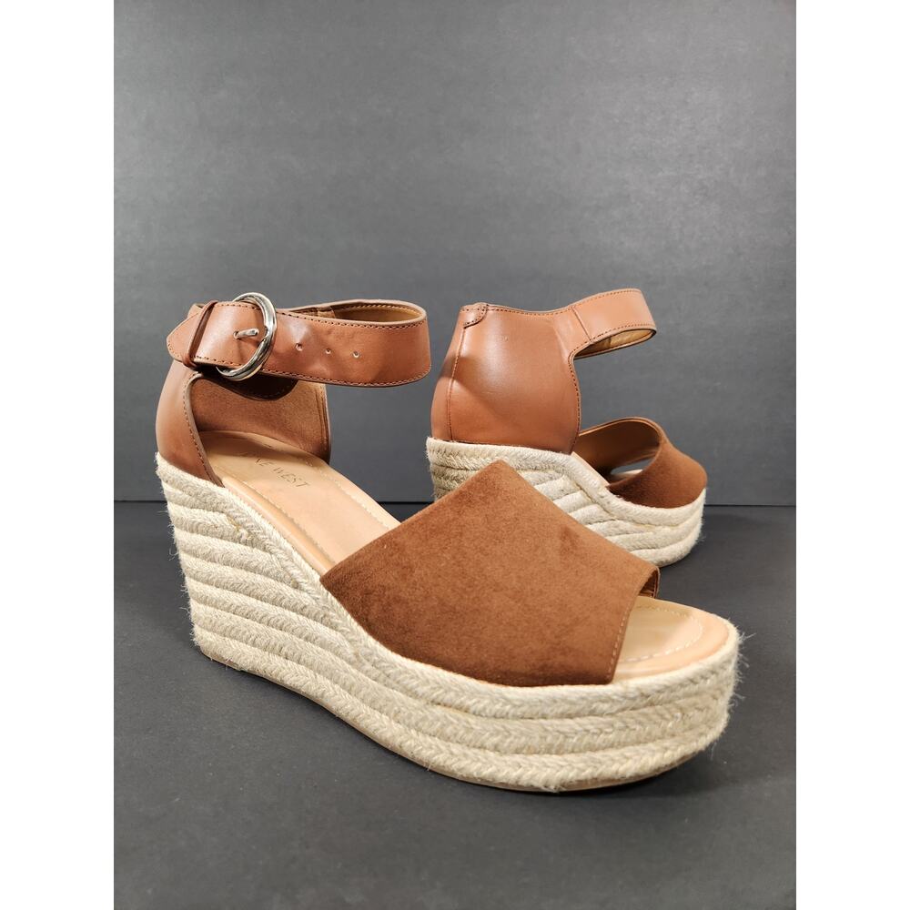 NINEWEST Adell Espadrille Wedge Sandal Women 9.5 Brown Faux Leather Boho Neutral